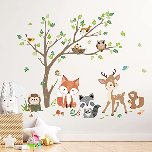 decalmile Pegatinas de Pared Animales Bosque Árbol Vinilos Decorativos Ciervo Zorro Búho Adhesivos Pared Habitación Infantiles Niños Bebés Guardería