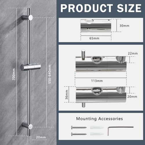 DETBOM Barra de Ducha 70cm de Acero Inoxidable,Barra de Ducha con Soporte de Alcachofa de Ducha 360°Giratoria y Ajustable,Barra de Ducha para Adaptarse a los Orificios Existentes-Cromo