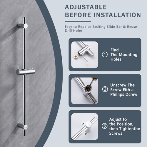 DETBOM Barra de Ducha 70cm de Acero Inoxidable,Barra de Ducha con Soporte de Alcachofa de Ducha 360°Giratoria y Ajustable,Barra de Ducha para Adaptarse a los Orificios Existentes-Cromo