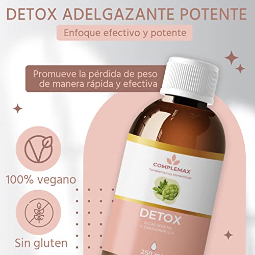 Detox Adelgazante Potente Natural. Diurético Y Drenante Para La Retención De Líquidos Con Alcachofera, Diente De León, Cola De Caballo, Zarzaparrilla Y Vitaminas. 100% Vegano Y Sin Gluten. 250ml.