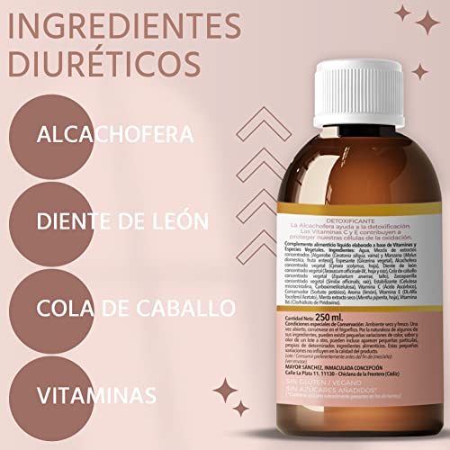 Detox Adelgazante Potente Natural. Diurético Y Drenante Para La Retención De Líquidos Con Alcachofera, Diente De León, Cola De Caballo, Zarzaparrilla Y Vitaminas. 100% Vegano Y Sin Gluten. 250ml.