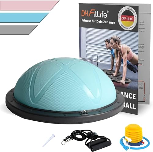 DH FitLife Balón de equilibrio, yoga, 60 x 22 cm, soporta hasta 200 kg, media pelota de gimnasia, tabla de equilibrio con bomba y 2 bandas de fitness, color azul