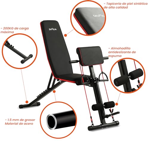 DH FitLife Banco de pesas plegable con banco de curl y extensión de piernas, entrenamiento multifuncional, de musculación y abdominales ajustable en 7 niveles para gimnasio en casa