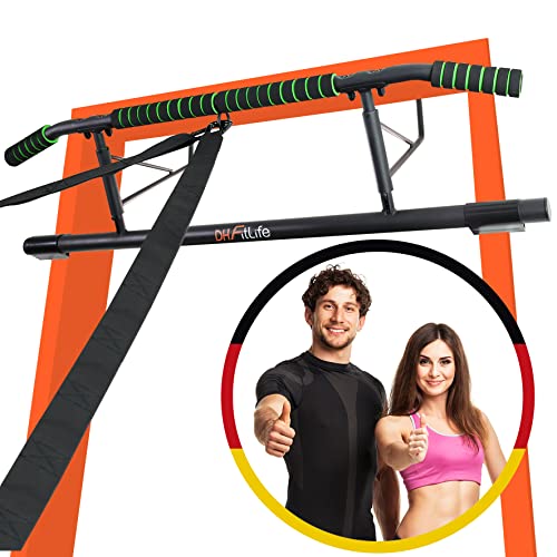 DH FitLife Barra de dominadas para marco de puerta sin tornillos | Pull up bar Doorway | entrenador de espalda para colgar | incluye cinta de entrenamiento | para puerta de 70 – 92 cm