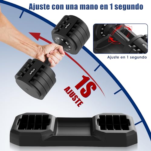 DH FitLife Mancuernas Ajustables de 3 a 25 kg para Entrenamiento de Fuerza, Juego de Pesas con Base Que ahorran Espacio para Gimnasio en casa, Pesas Variables 5 en 1(2 Piezas por Set)