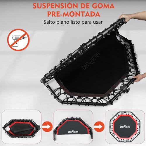 DH FitLife Trampolín de Fitness Plegable, suspensión silenciosa de Cuerda de Goma sin instalación, trampolín de 50 Pulgadas 128 cm, para Interior y Exterior, con 3 Niveles de Agarre Ajustables