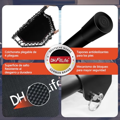 DH FitLife Trampolín de Fitness Plegable, suspensión silenciosa de Cuerda de Goma sin instalación, trampolín de 50 Pulgadas 128 cm, para Interior y Exterior, con 3 Niveles de Agarre Ajustables