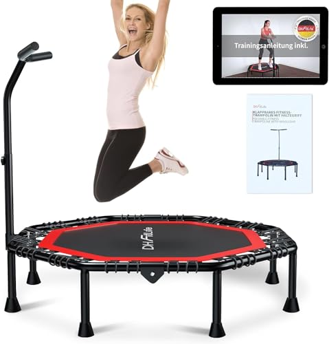 DH FitLife Trampolín de Fitness Plegable, suspensión silenciosa de Cuerda de Goma sin instalación, trampolín de 50 Pulgadas 128 cm, para Interior y Exterior, con 3 Niveles de Agarre Ajustables