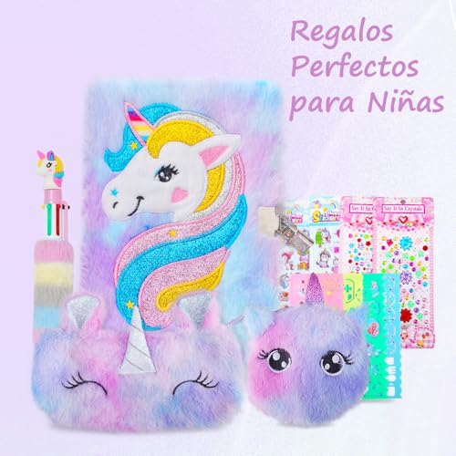 Diario Secreto Niña, Libertas Bonitas con Candado, Unicornios Diarios para Niñas, Cuaderno de Felpa con Monedero Bolígrafo Multicolores Bolso Estuche Escolar Pegatinas Regla, Regalos para Nina 6+ Años