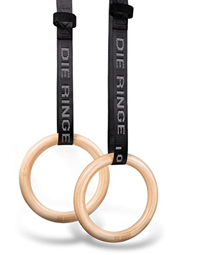 Die Ringe® Juego de Anillas de Gimnasia Esencial - Gymnastic Rings con Mango de 28 mm y Correas con Marcas Tejidas para Cambiar la Longitud sin Esfuerzo, con Madera de Abedul