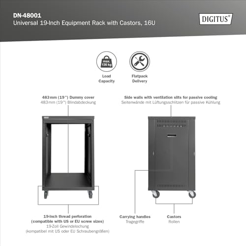 DIGITUS DN-48001 - Rack de Audio - 19 Pulgadas - 16U - Rack de Equipo Universal - para Accesorios de Audio y vídeo - Sin Montar - Carga máxima 136 kg - con Ruedas - Negro