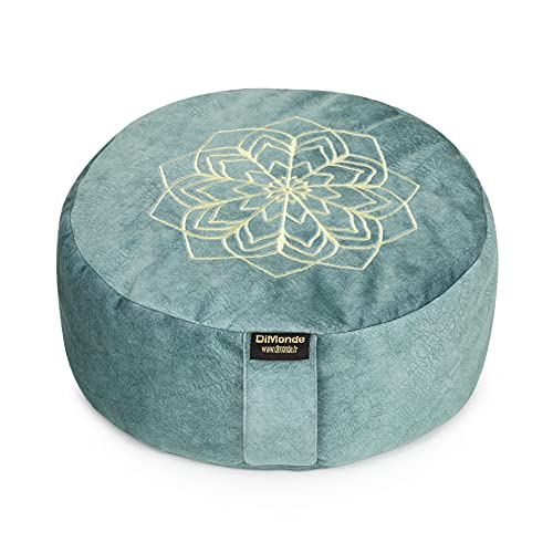 DiMonde Zafu Cojin Meditacion - Cojin Yoga - Funda extraíble y Lavable - Relleno de Trigo sarraceno - Asa Lateral - Bolsa de algodón - Mandala - Altura 13 cm - Diámetro 33 cm - Verde