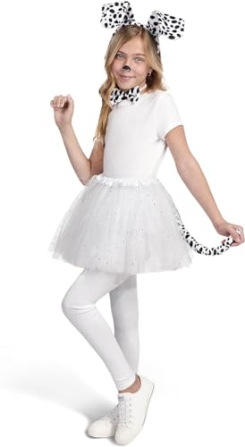 Disfraz Animal para Niña y Adulto con Diadema Cola de Animal Pajarita y Falda Tutu, Disfraz de Animales para Carnaval 4pcs (30CM TUTU NIÑA, Dalmata Perro Negro y Blanco)