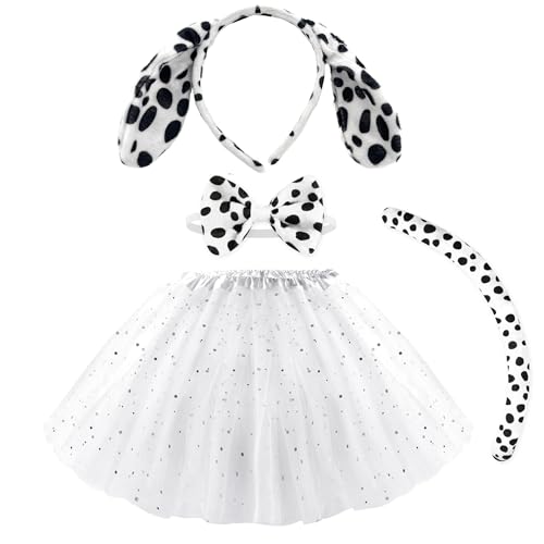 Disfraz Animal para Niña y Adulto con Diadema Cola de Animal Pajarita y Falda Tutu, Disfraz de Animales para Carnaval 4pcs (30CM TUTU NIÑA, Dalmata Perro Negro y Blanco)