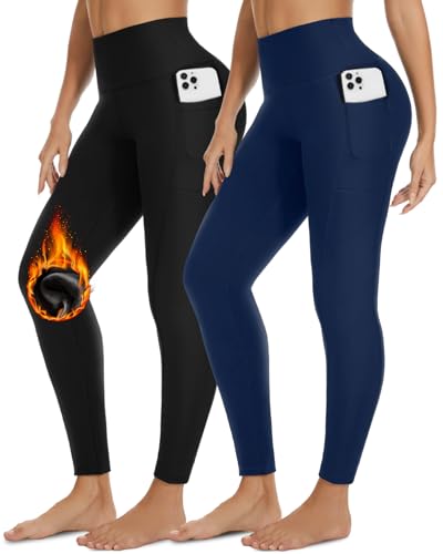 Diu Life Pantalones térmicos para Mujer, con Forro Polar Interior, Cálidos para Mujer Elástico Pantalones de Cachemira.D3-Negro/Azul S/M