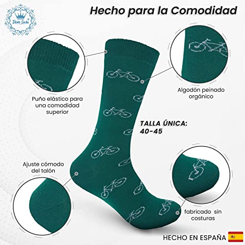 DIVER SOCKS Calcetines hombre divertidos-con dibujos y estampados graciosos-diseños originales-fabricados en españa-talla unica-valido desde la talla 40-45 (BICICLETA VERDE)