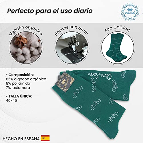 DIVER SOCKS Calcetines hombre divertidos-con dibujos y estampados graciosos-diseños originales-fabricados en españa-talla unica-valido desde la talla 40-45 (BICICLETA VERDE)