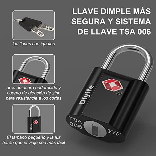 Diyife TSA Viaje Candado con Llave, Candados de Equipaje, Cerraduras para Taquilla y Gimnasio, Candado de Seguridad para Maletas Viaje Mochila Equipaje (Negro)