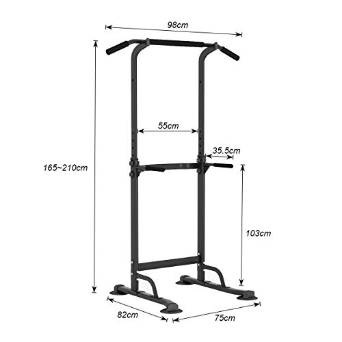 DlandHome Power Tower Estación de Fondos Barra de Tracción o Estación de Musculación Ajustable, Silla Romana para Dips con Barra para dominadas Negro