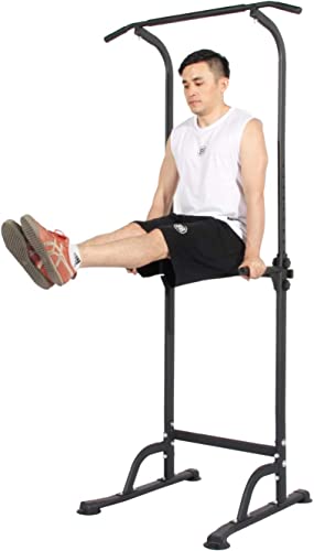 DlandHome Power Tower Estación de Fondos Barra de Tracción o Estación de Musculación Ajustable, Silla Romana para Dips con Barra para dominadas Negro