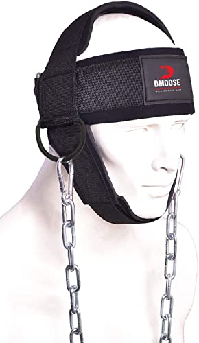 DMoose Fitness Arnés de Cabeza de Cuello para Entrenamiento de Resistencia Anillos D Extra-Pesados y Cadena de Acero - Construir un Cuello más Grueso con Correa de Cuello de Ejercicio Duradero