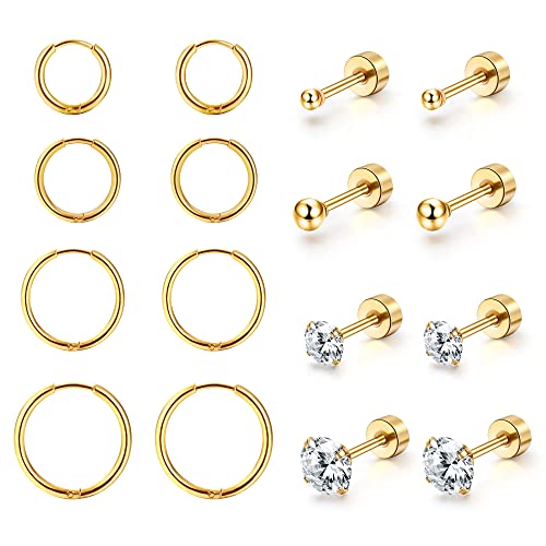 Dochais 8 Pares 316L Pendientes De Acero Quirúrgico, 14K Chapado En Plata y Oro Circonio Cúbico Ronda Stud, Hipoalergénico Cartílago Huggie Hoop, Multi Piercing