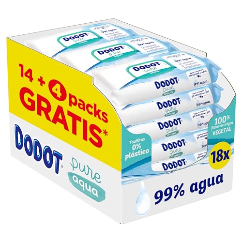 Dodot Toallitas Pure Aqua para Bebé, 99% Agua, 100% Fibras de Origen Vegetal, 864 Toallitas, 18 Paquetes (18 X 48)