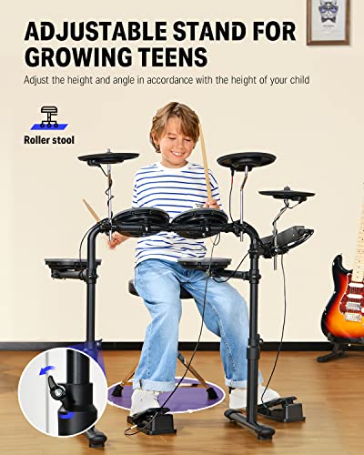 Donner DED-70 E Drum Kids Beginner con almohadilla de malla Kit de batería portátil Cargador portátil Drum Throne Sticks Auriculares Regalo de cumpleaños de Navidad para niños