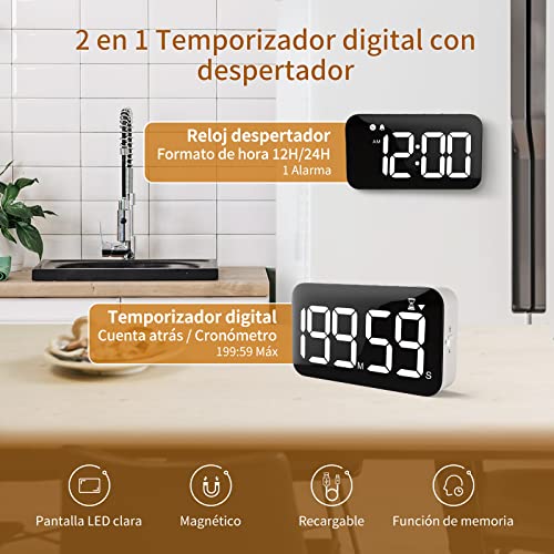 DOOMAY Temporizador de Cocina Digital Recargable - Cronómetro magnético, Brillo y Volumen Ajustables, Ideal para cocinar, el Aula, la Oficina y para Que lo usen niños, Profesores y Personas Mayores