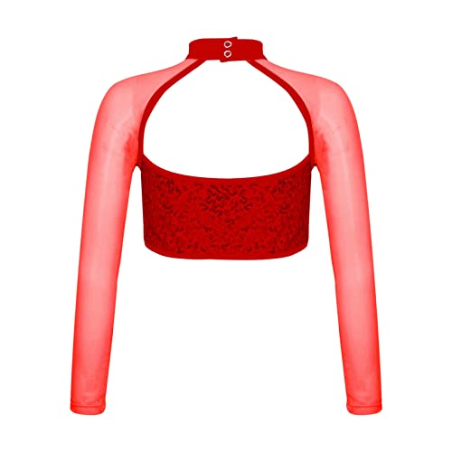 dPois Crop Top de Danza Ballet para Niña Camiseta Manga Larga con Lentejuelas Brillantes Top Manga Larga de Yoga Gimnasia Disfraz Bailarina Niña Rojo 9-10 años