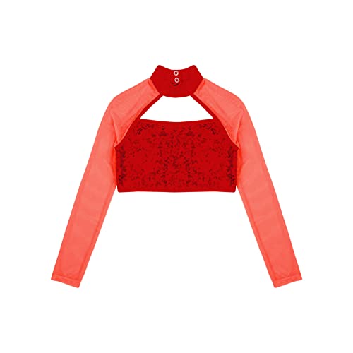 dPois Crop Top de Danza Ballet para Niña Camiseta Manga Larga con Lentejuelas Brillantes Top Manga Larga de Yoga Gimnasia Disfraz Bailarina Niña Rojo 9-10 años