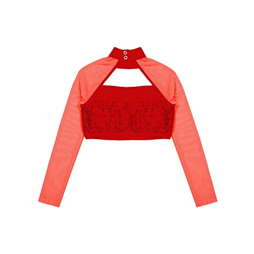 dPois Crop Top de Danza Ballet para Niña Camiseta Manga Larga con Lentejuelas Brillantes Top Manga Larga de Yoga Gimnasia Disfraz Bailarina Niña Rojo 9-10 años