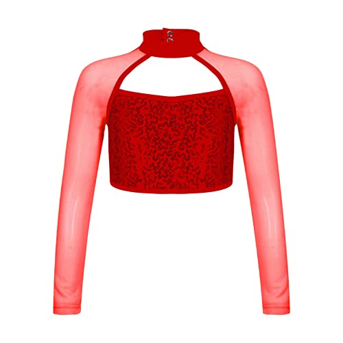 dPois Crop Top de Danza Ballet para Niña Camiseta Manga Larga con Lentejuelas Brillantes Top Manga Larga de Yoga Gimnasia Disfraz Bailarina Niña Rojo 9-10 años