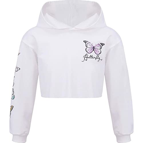 dPois Sudadera con Capucha Casual para Niña Sudadera con Estampado Mariposa Chándal Top Deportivo Camiseta Manga Larga Elegante Chica Blanco 9-10 años