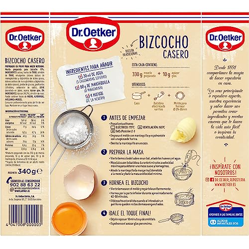 DR. OETKER Bizcocho Casero, preparado de repostería para bizcocho esponjoso (340 g) con sobre de azúcar glas (10 g), ideal como base para tartas, postres y pasteles (12 raciones)