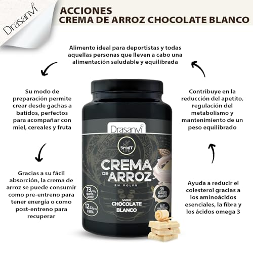 DRASANVI CREMA DE ARROZ | Crema de arroz fitness | Energía rápida y sostenida |Hidratos de Carbono, Fibra y Proteínas de calidad |Sin Grasas ni Azúcares añadidos | Sabor Chocolate Blanco- 1 Kg