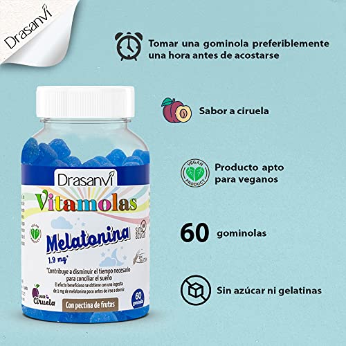 DRASANVI gominolas de Melatonina | Ayudan a dormir | Sueño de Calidad | 1,9mg de melatonina cada una |Vegano | Sabor Ciruela | Bote 60 Gominolas