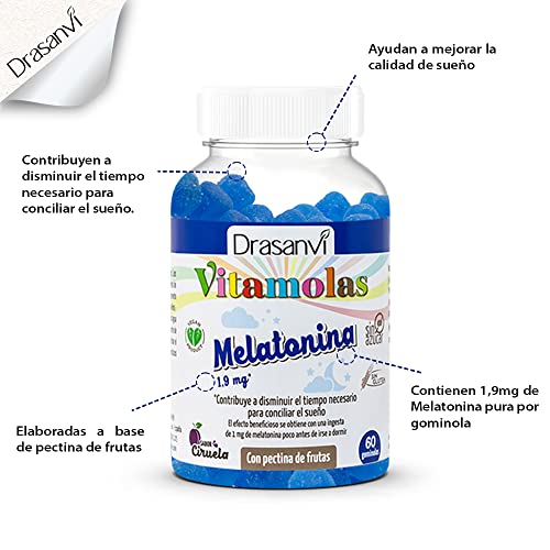 DRASANVI gominolas de Melatonina | Ayudan a dormir | Sueño de Calidad | 1,9mg de melatonina cada una |Vegano | Sabor Ciruela | Bote 60 Gominolas