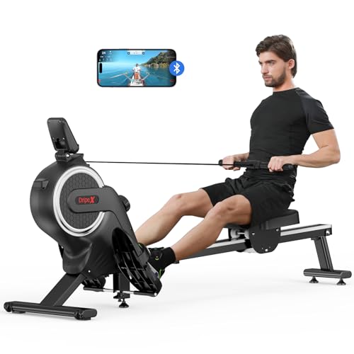 Dripex Máquina de Remo Magnética, Remo Interior Súper Silencioso con 16 Resistencias Ajustables con Monitor LCD/Bluetooth, Capacidad de Peso de 120 KG Adecuado para Gimnasio en Casa (Plata)