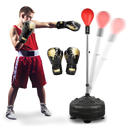 Dripex Saco de Boxeo de pie para Niños, Punching Ball con Base de 6 ventosas Altura Ajustable 135-155cm, Regalo Ideal para Navidad y Año Nuevo (Roja+Guantes)