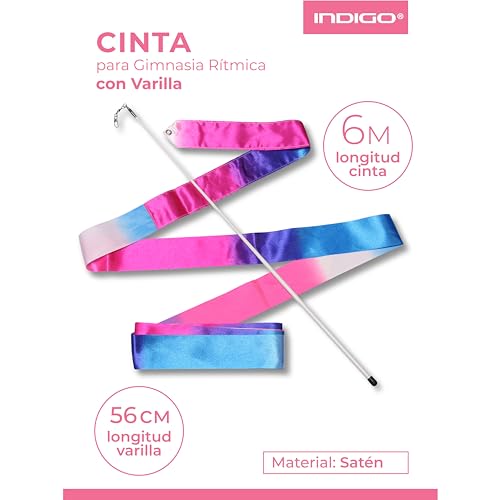 DRUNA Cinta de Gimnasia Rítmica, Cinta para Entrenamiento, Baile, Baile Artístico, Danza, con Varilla 56 cm Indigo Blanco- Azul- Rosa (4,0 MTS)