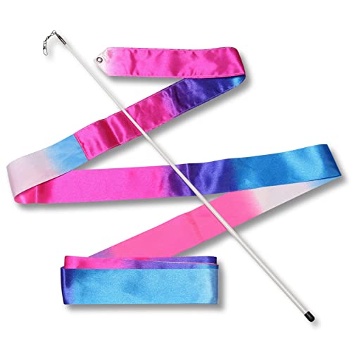 DRUNA Cinta de Gimnasia Rítmica, Cinta para Entrenamiento, Baile, Baile Artístico, Danza, con Varilla 56 cm Indigo Blanco- Azul- Rosa (4,0 MTS)