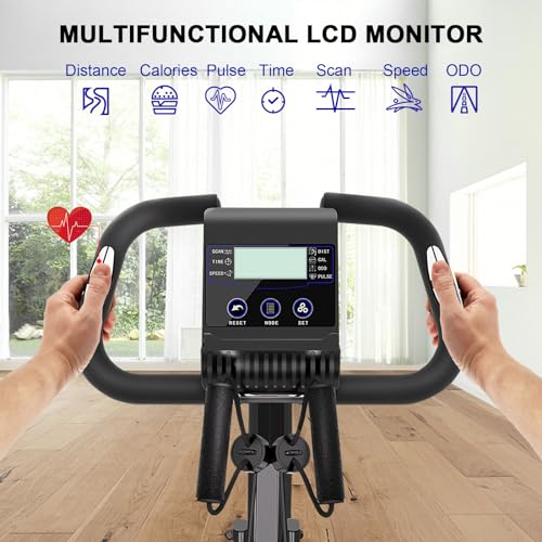 Dskeuzeew Bicicleta estática plegable 4 en 1, bicicleta magnética plegable, bicicleta estática 8 niveles de resistencia, monitor LCD y sensor de frecuencia cardíaca, Nuevo Negro