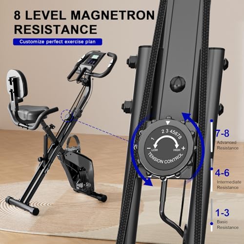 Dskeuzeew Bicicleta estática plegable 4 en 1, bicicleta magnética plegable, bicicleta estática 8 niveles de resistencia, monitor LCD y sensor de frecuencia cardíaca, Nuevo Negro