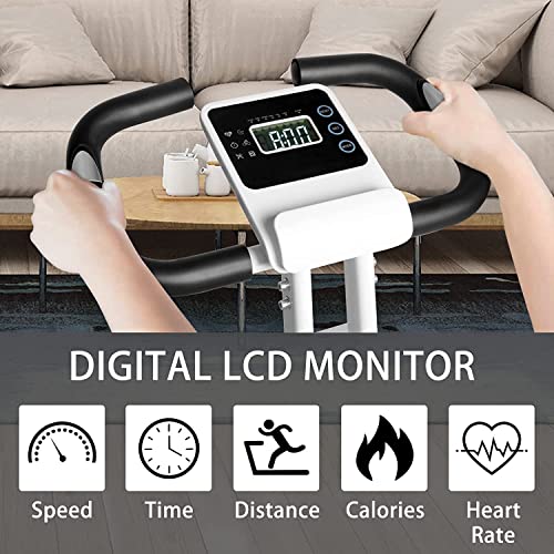 Dskeuzeew Bicicleta estática plegable con control magnético de resistencia ajustable de 8 niveles, bicicleta estática de casa con pantalla LCD y sensor de frecuencia cardíaca, Blanco-001