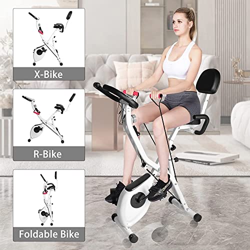 Dskeuzeew Bicicleta estática plegable con control magnético de resistencia ajustable de 8 niveles, bicicleta estática de casa con pantalla LCD y sensor de frecuencia cardíaca, Blanco-001