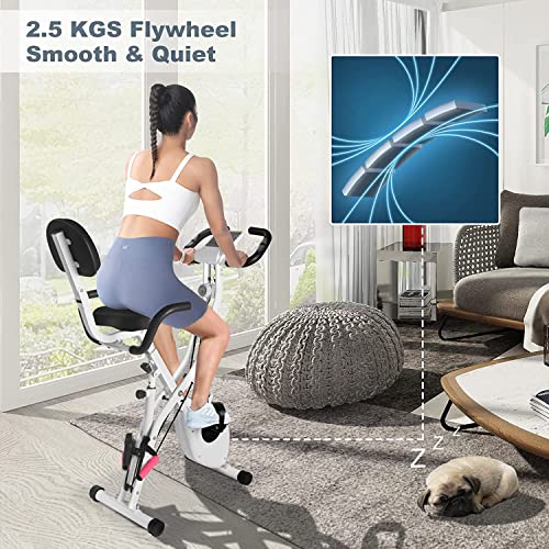 Dskeuzeew Bicicleta estática plegable con control magnético de resistencia ajustable de 8 niveles, bicicleta estática de casa con pantalla LCD y sensor de frecuencia cardíaca, Blanco-001