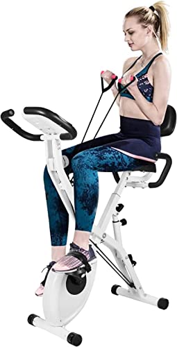 Dskeuzeew Bicicleta estática plegable con control magnético de resistencia ajustable de 8 niveles, bicicleta estática de casa con pantalla LCD y sensor de frecuencia cardíaca, Blanco-001