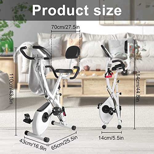 Dskeuzeew Bicicleta estática plegable con control magnético de resistencia ajustable de 8 niveles, bicicleta estática de casa con pantalla LCD y sensor de frecuencia cardíaca, Blanco-001