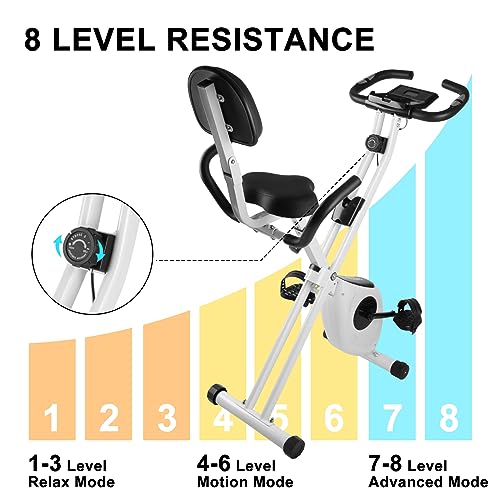 Dskeuzeew Bicicleta estática reclinable 2 en 1 con respaldo para entrenamiento en casa, con 8 niveles de resistencia ajustables, Blanco